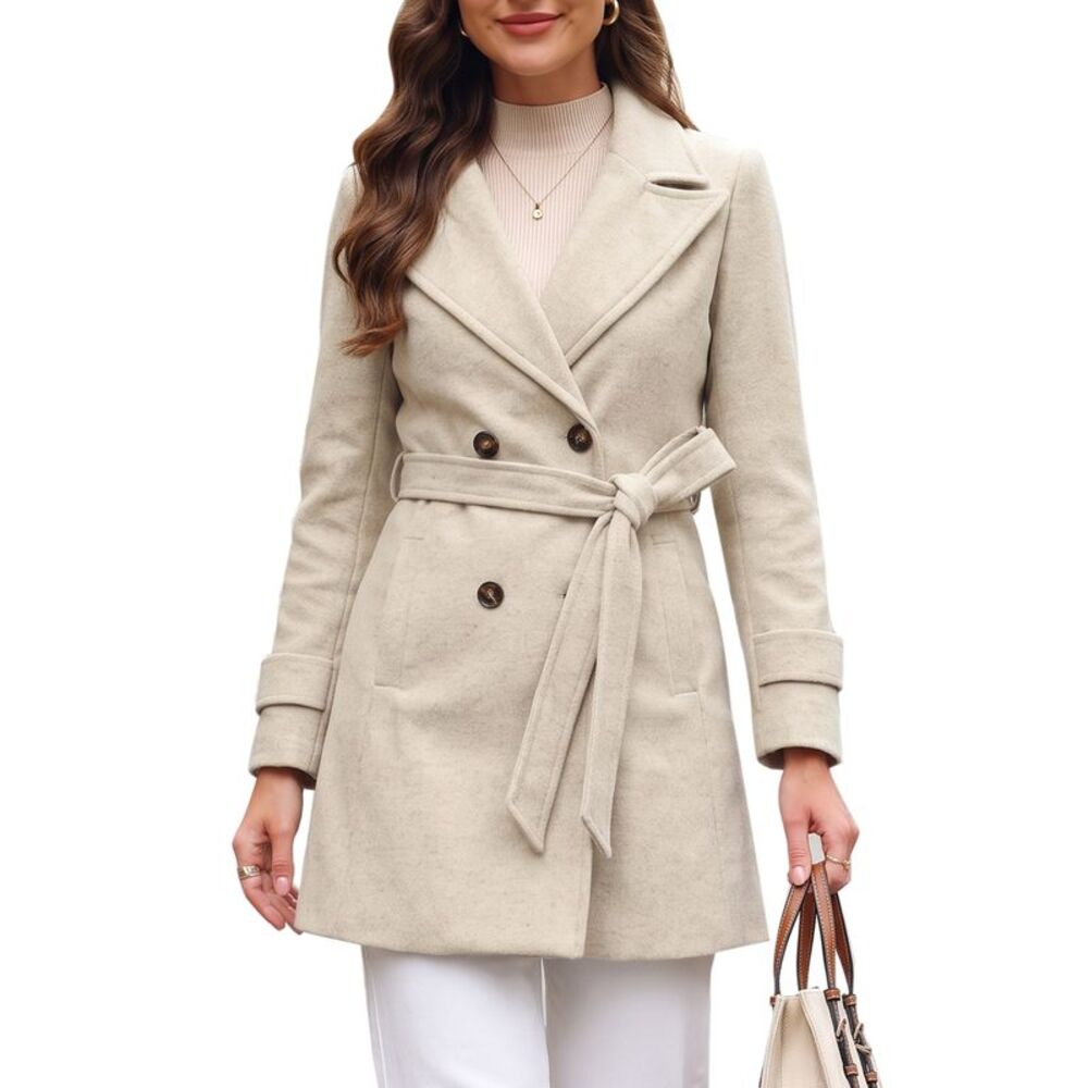 Women's Winter Pea Coat Belted Lapel Collar Elegant Trench Coats Oatmeal